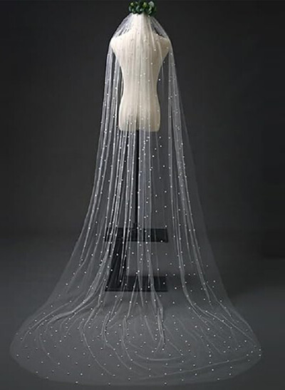 Cut Edge Faux Pearl One-Tier Tulle Cathedral Bridal Veils