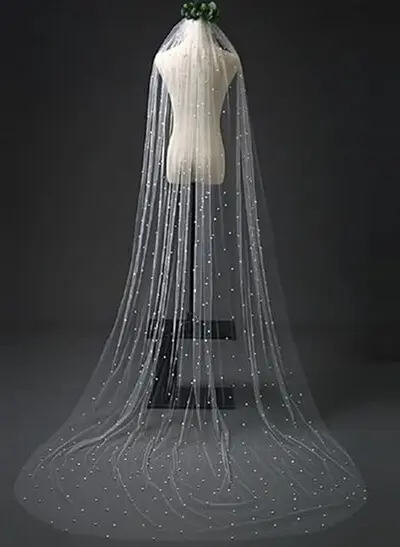 Cut Edge Faux Pearl One-Tier Tulle Cathedral Bridal Veils