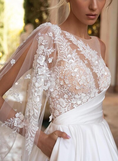 Ball-Gown Scoop Neck Sleeveless Floor-Length Lace/Satin Bride Wedding Dress With Sweeping Side Drape