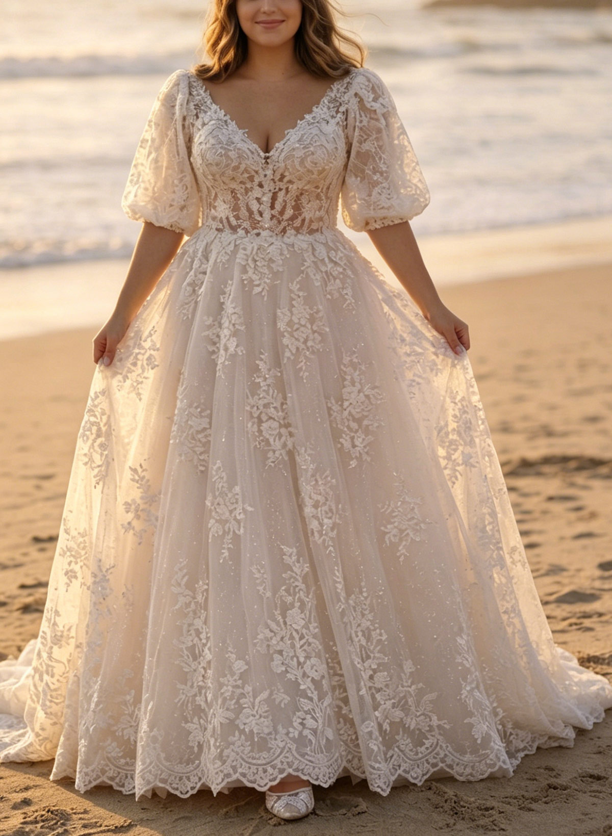 A-Line Sweetheart 1/2 Sleeves Floor-Length Lace Bride Wedding Dress With Appliques Lace