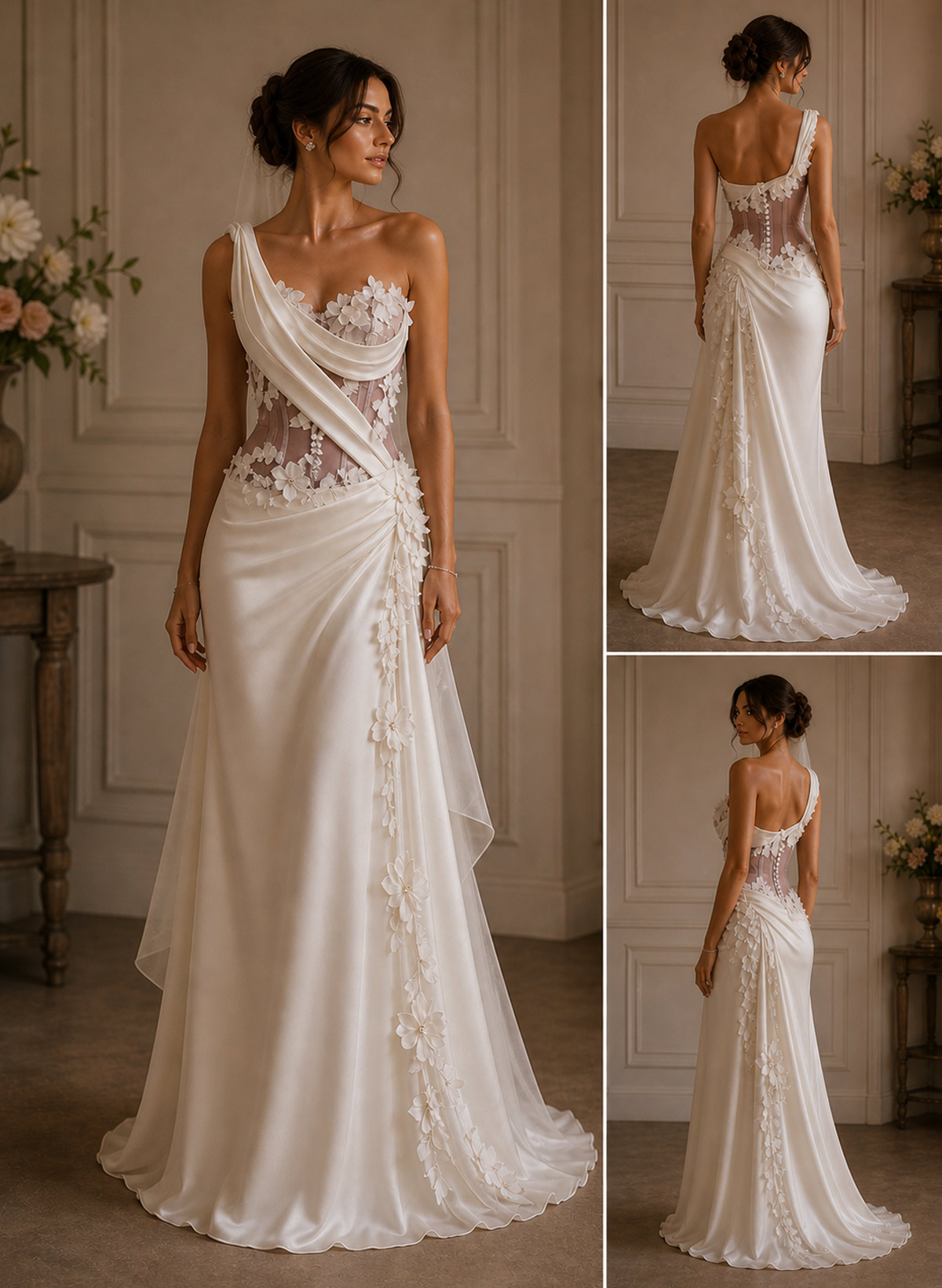 A-Line One-Shoulder Sleeveless Sweep Train Matte Satin Bride Wedding Dress With Flower(s)