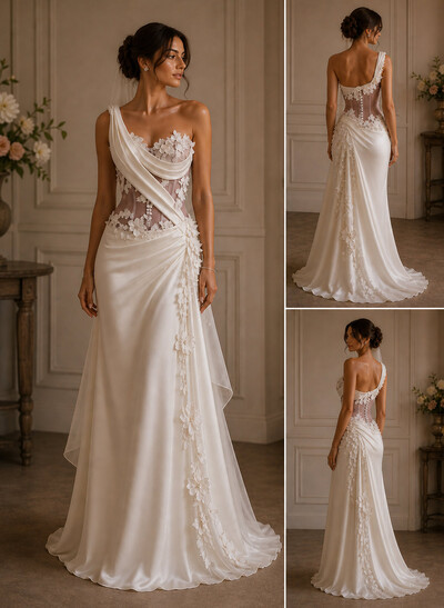 A-Line One-Shoulder Sleeveless Sweep Train Matte Satin Bride Wedding Dress With Flower(s)