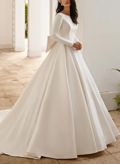 Ball-Gown Scoop Neck Long Sleeves Chapel Train Satin Bride Wedding Dress With Pleated