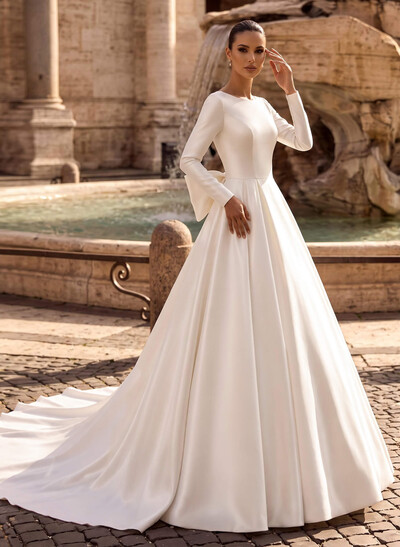 Ballgown Scoop Neck Long Sleeve Chapel Train Satin Wedding Dress With Pleated Detailing