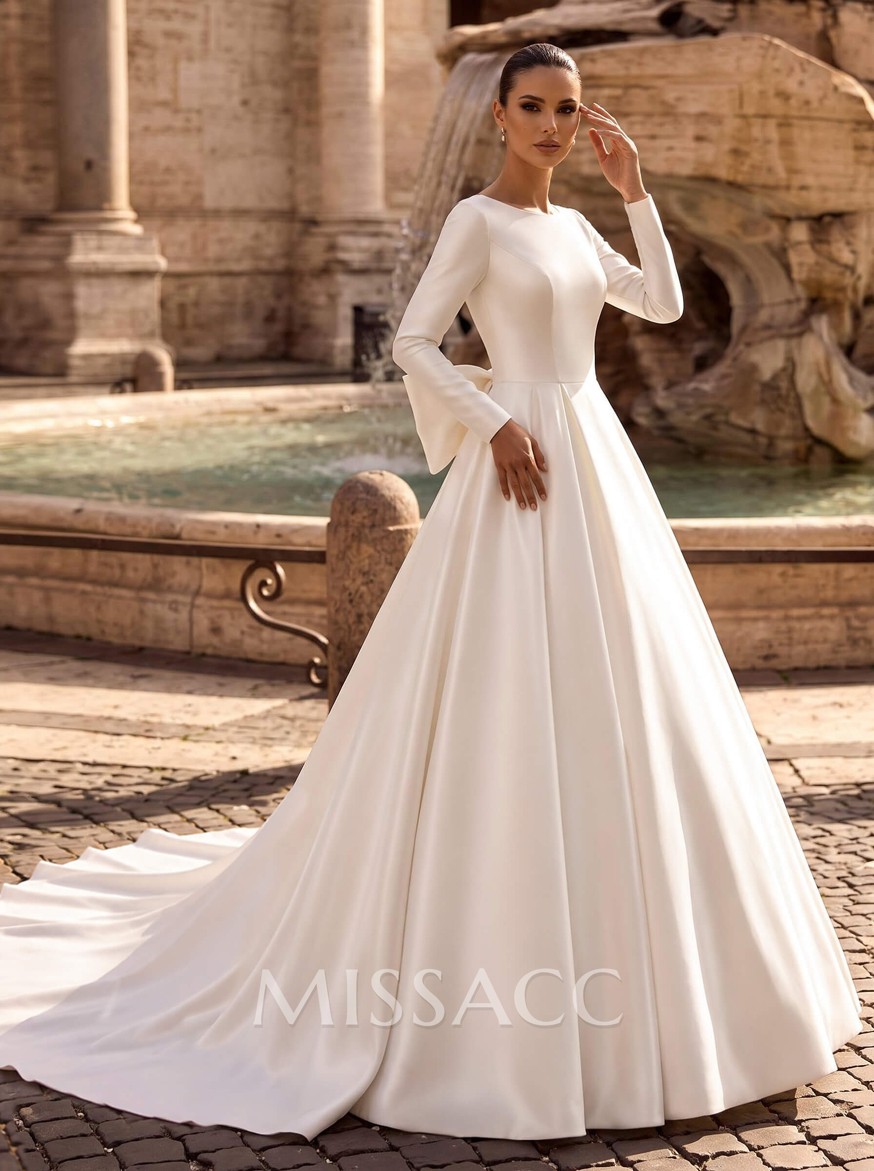 Ballgown Scoop Neck Long Sleeve Chapel Train Satin Wedding Dress With Pleated Detailing