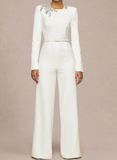 Jumpsuit/Pantsuit Scoop Neck Long Sleeves Floor-Length Elastic Satin Wedding Dresses With Rhinestone