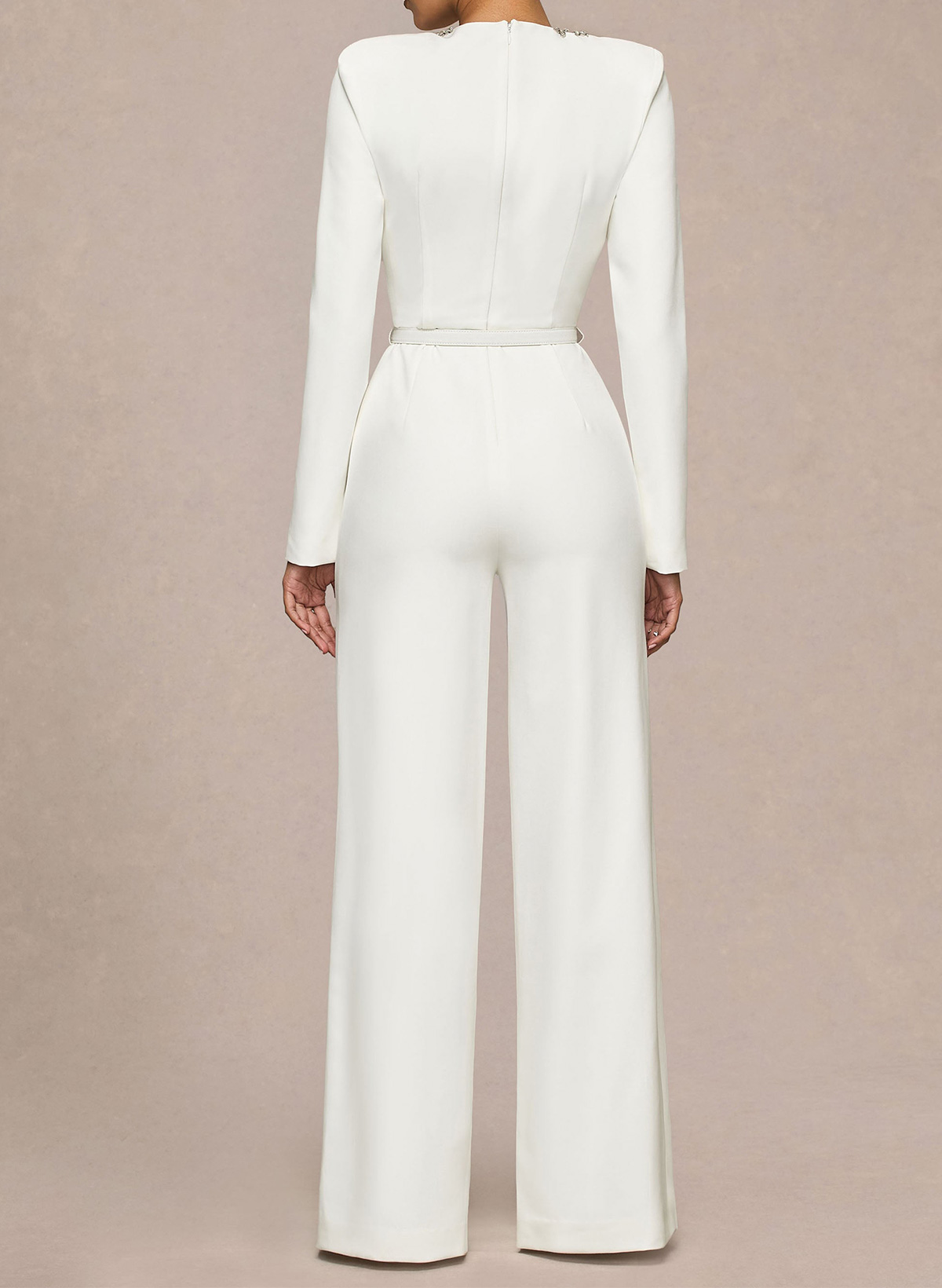 Jumpsuit/Pantsuit Scoop Neck Long Sleeves Floor-Length Elastic Satin Wedding Dresses With Rhinestone