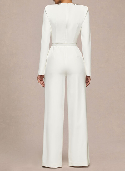Jumpsuit/Pantsuit Scoop Neck Long Sleeves Floor-Length Elastic Satin Wedding Dresses With Rhinestone