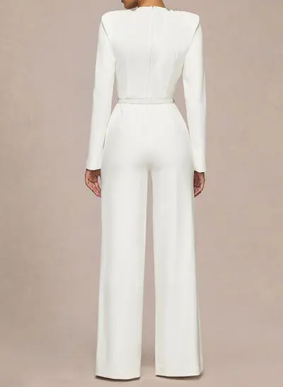 Jumpsuit/Pantsuit Scoop Neck Long Sleeves Floor-Length Elastic Satin Wedding Dresses With Rhinestone