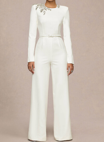 Jumpsuit/Pantsuit Scoop Neck Long Sleeves Floor-Length Elastic Satin Wedding Dresses With Rhinestone