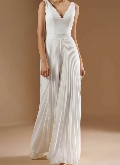 Jumpsuit/Pantsuit V-Neck Sleeveless Floor-Length Chiffon Wedding Dresses With Pleated