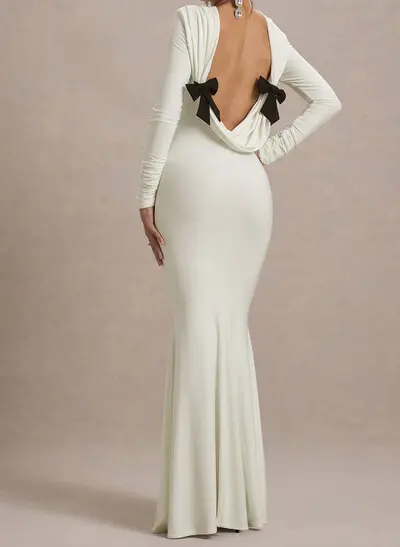 Trumpet/Mermaid Scoop Neck Long Sleeves Floor-Length Jersey Wedding Dresses With Bow(s)