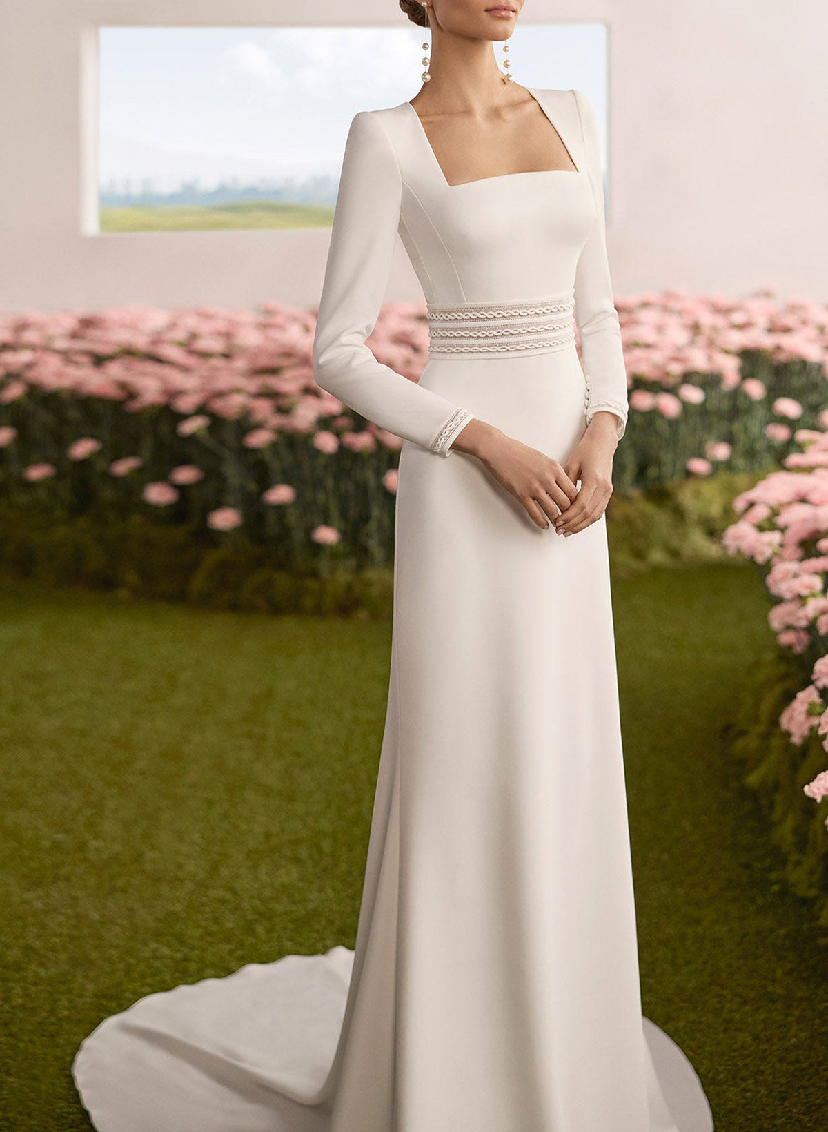 Sheath/Column Square Neckline Long Sleeves Chapel Train Elastic Satin Wedding Dresses