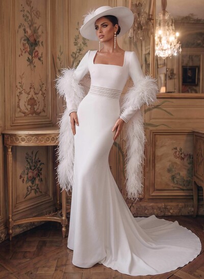 Sheath/Column Square Neckline Long Sleeves Chapel Train Elastic Satin Wedding Dresses
