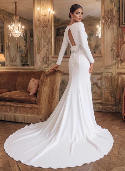 Sheath/Column Square Neckline Long Sleeves Chapel Train Elastic Satin Wedding Dresses