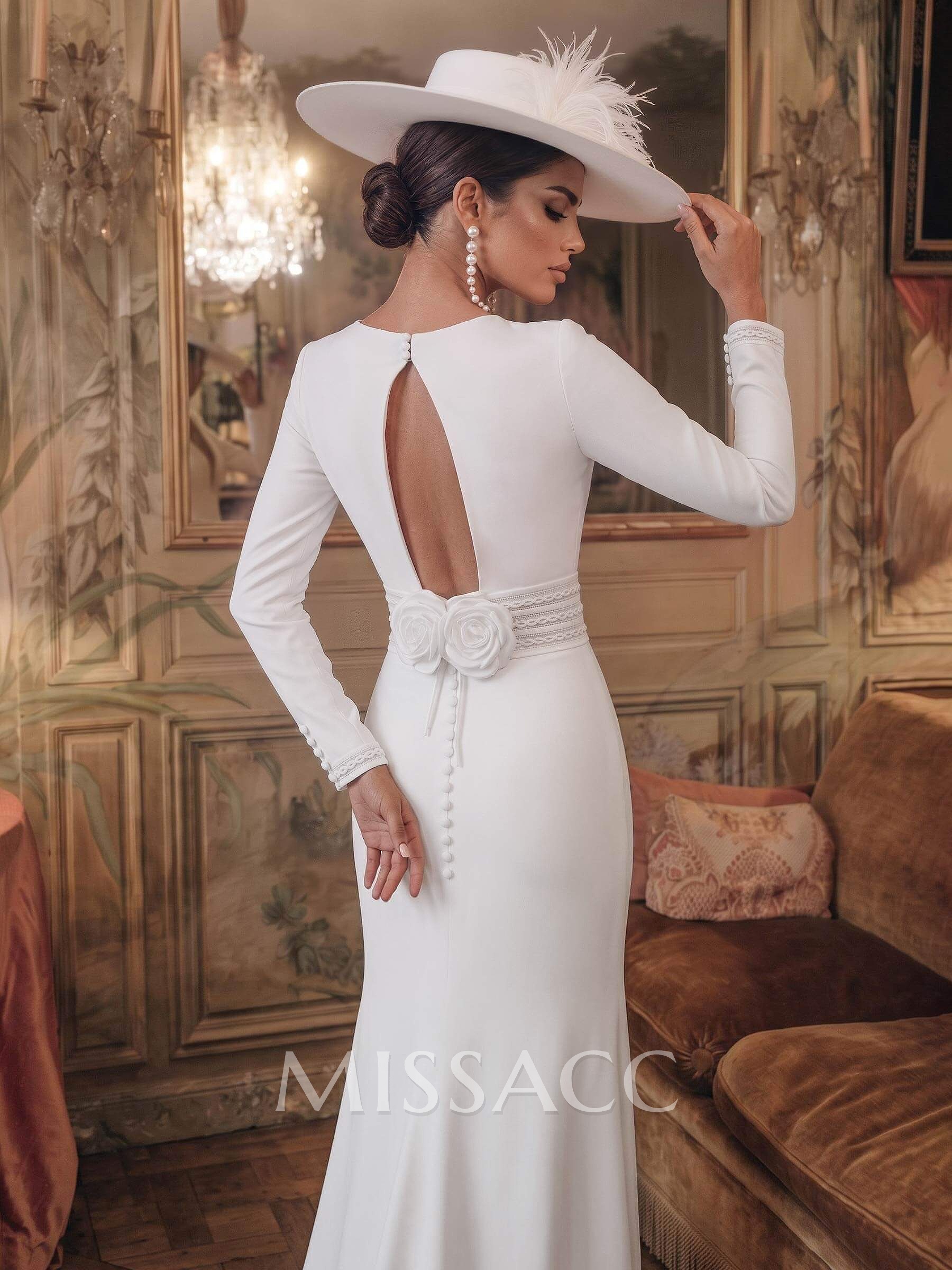 Sheath/Column Square Neckline Long Sleeves Chapel Train Elastic Satin Wedding Dresses