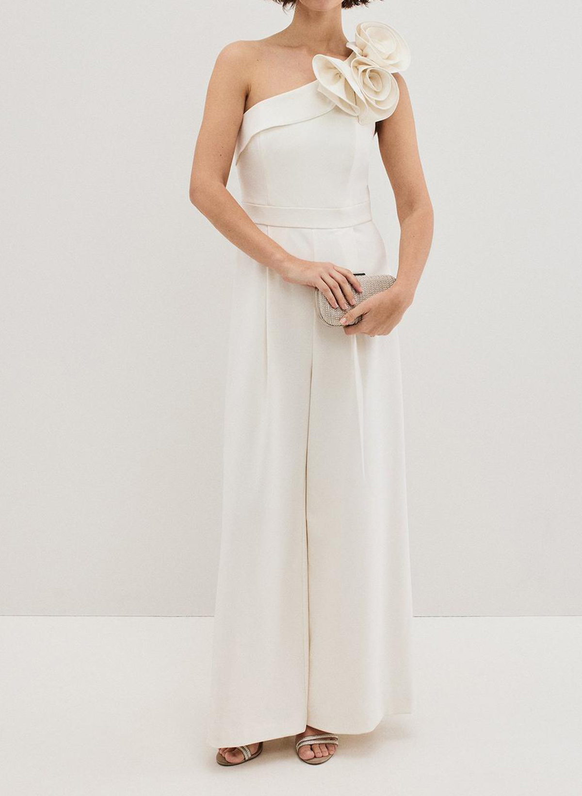 Jumpsuit/Pantsuit One-Shoulder Sleeveless Floor-Length Elastic Satin Wedding Dresses With Flower(s)