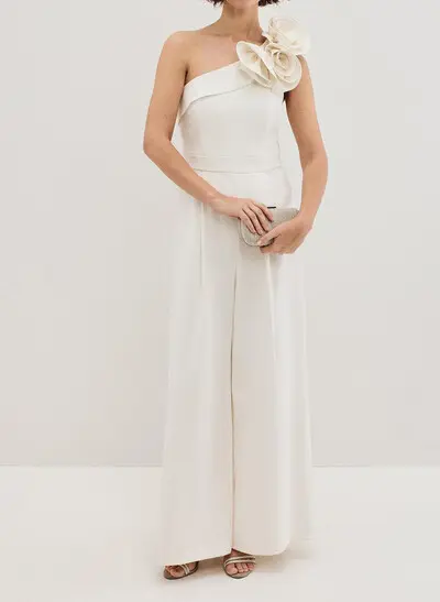 Jumpsuit/Pantsuit One-Shoulder Sleeveless Floor-Length Elastic Satin Wedding Dresses With Flower(s)