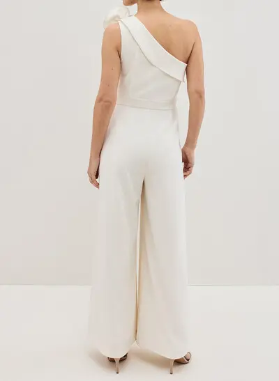 Jumpsuit/Pantsuit One-Shoulder Sleeveless Floor-Length Elastic Satin Wedding Dresses With Flower(s)