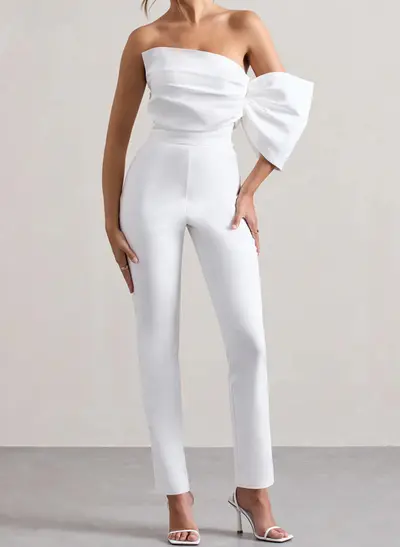 Simple Jumpsuit/Pantsuit One-Shoulder Sleeveless Floor-Length Matte Satin Wedding Dresses