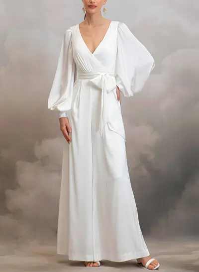 Jumpsuit/Pantsuit V-Neck Long Sleeves Ankle-Length Stretch Satin Wedding Dresses