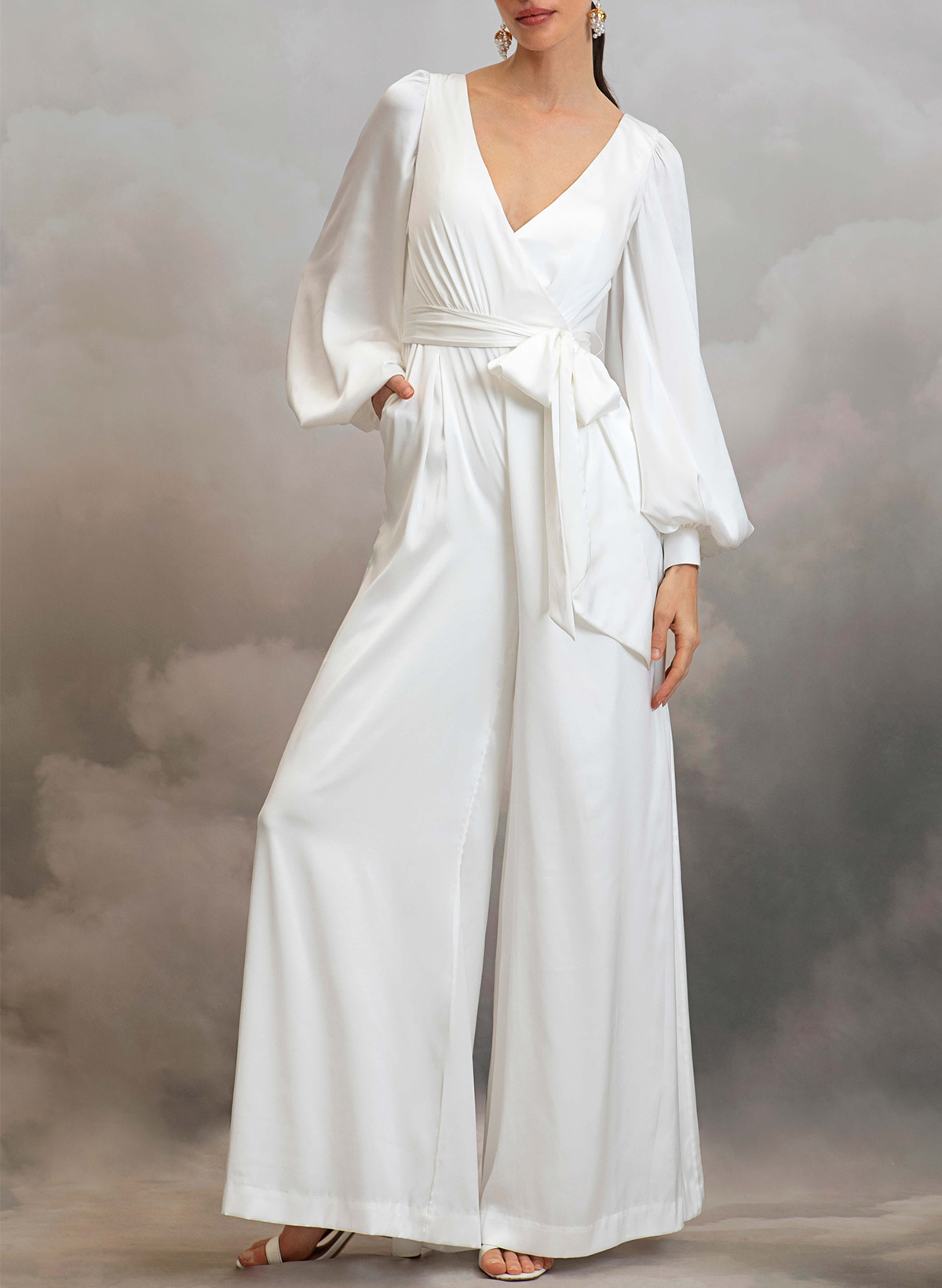 Jumpsuit/Pantsuit V-Neck Long Sleeves Ankle-Length Stretch Satin Wedding Dresses