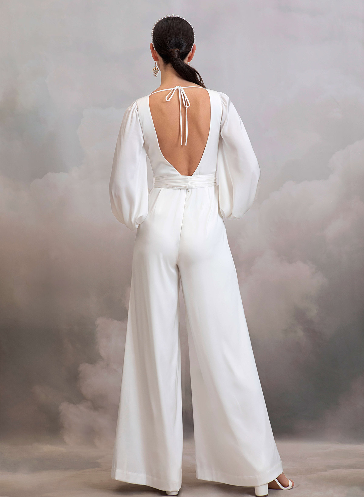 Jumpsuit/Pantsuit V-Neck Long Sleeves Ankle-Length Stretch Satin Wedding Dresses