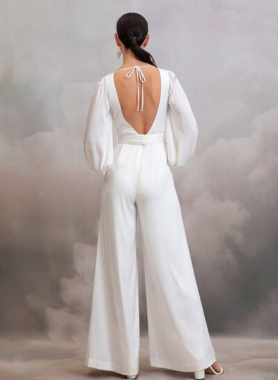 Jumpsuit/Pantsuit V-Neck Long Sleeves Ankle-Length Stretch Satin Wedding Dresses