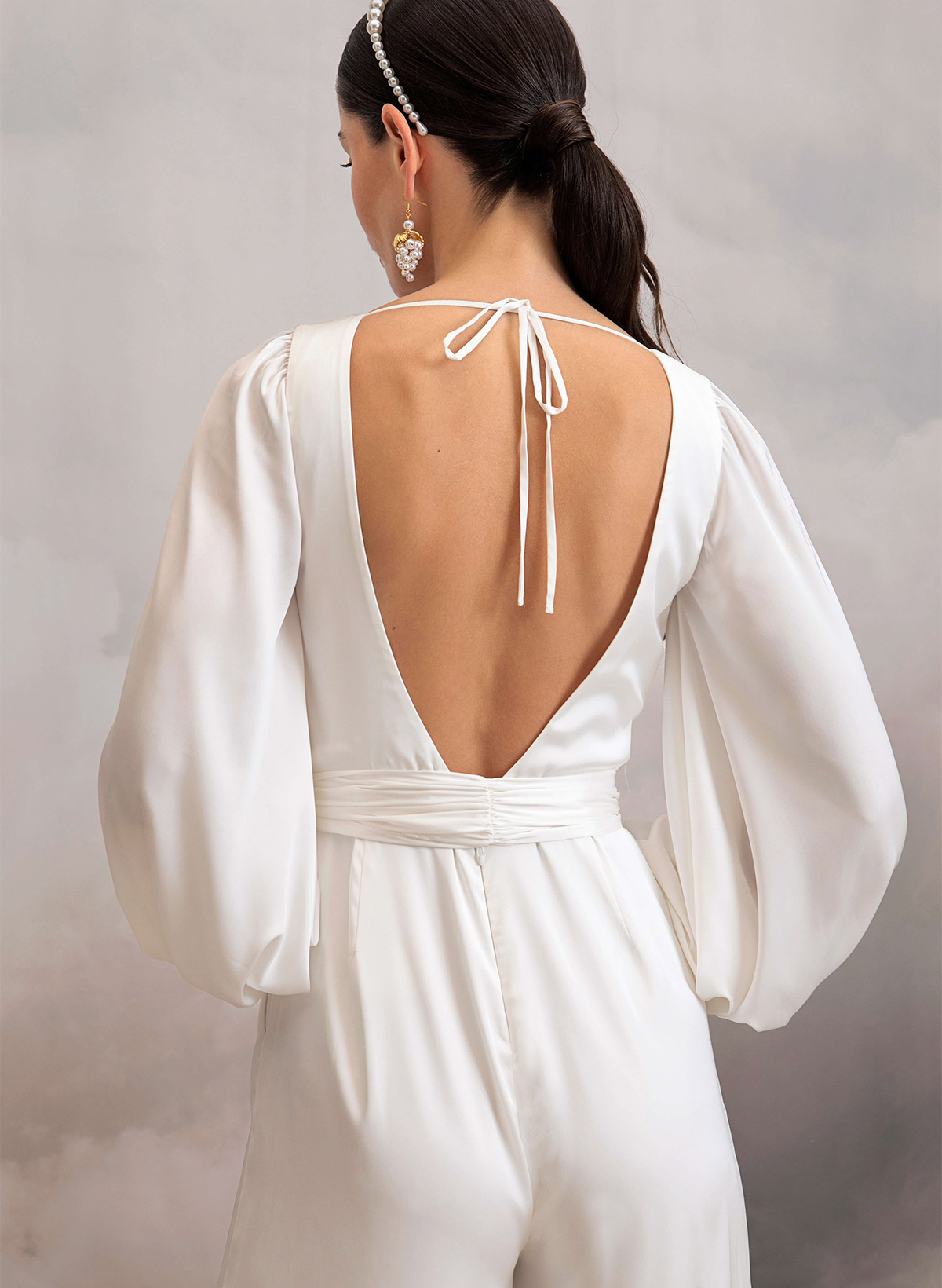 Jumpsuit/Pantsuit V-Neck Long Sleeves Ankle-Length Stretch Satin Wedding Dresses