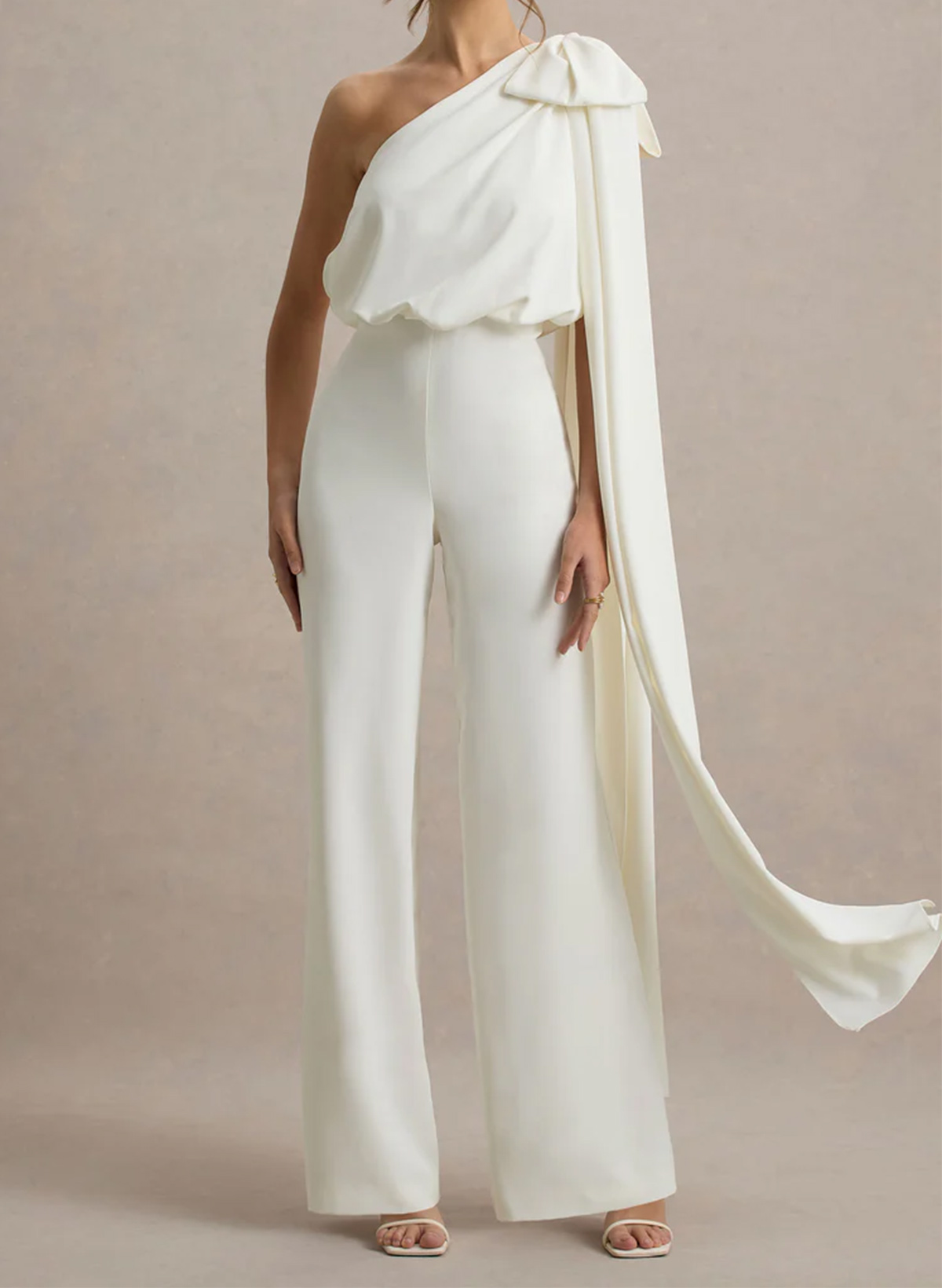 Jumpsuit/Pantsuit One-Shoulder Sleeveless Floor-Length Elastic Satin Wedding Dresses With Bow(s)/Sweeping Side Drape
