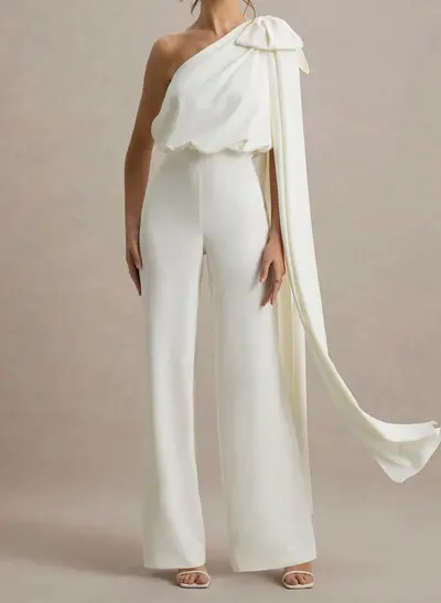 Jumpsuit/Pantsuit One-Shoulder Sleeveless Floor-Length Elastic Satin Wedding Dresses With Bow(s)/Sweeping Side Drape
