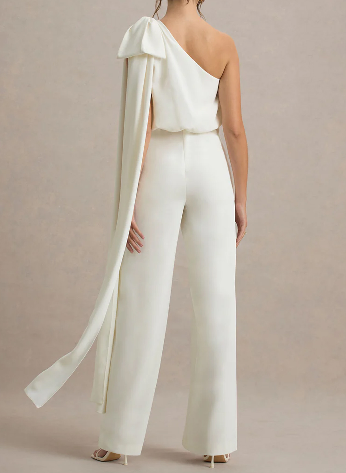 Jumpsuit/Pantsuit One-Shoulder Sleeveless Floor-Length Elastic Satin Wedding Dresses With Bow(s)/Sweeping Side Drape