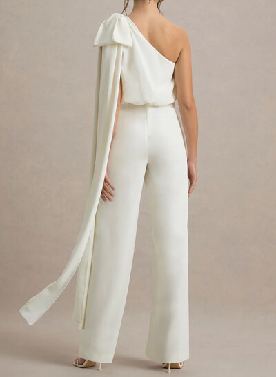 Jumpsuit/Pantsuit One-Shoulder Sleeveless Floor-Length Elastic Satin Wedding Dresses With Bow(s)/Sweeping Side Drape