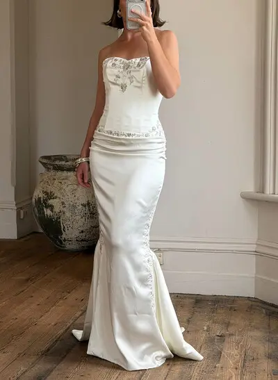 Trumpet/Mermaid Two-Piece Set Strapless Court Train Acetate Satin Wedding Dresses
