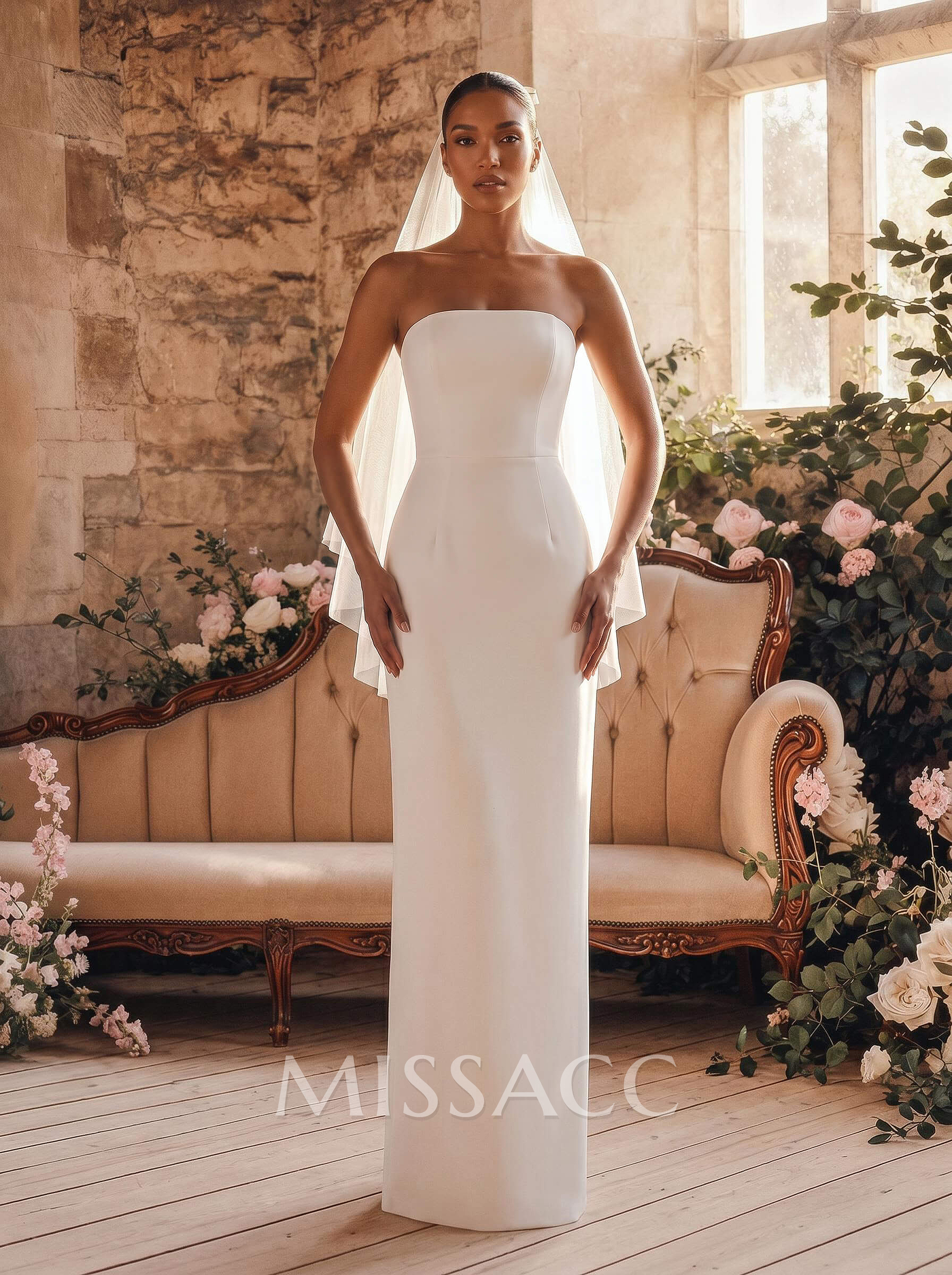 Sheath/Column Strapless Sleeveless Floor-Length Elastic Satin Wedding Dresses Sheath/Column Strapless Sleeveless Floor-Length Elastic Satin Wedding Dresses