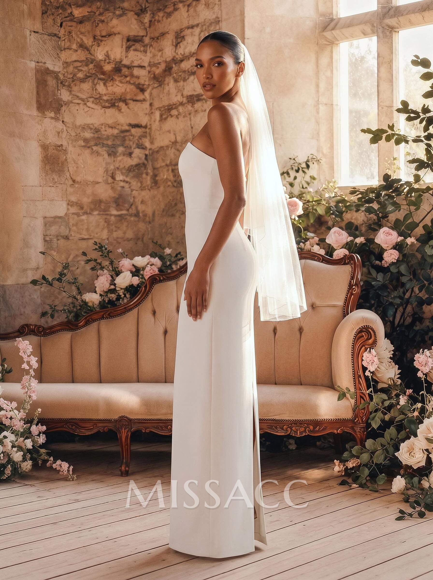 Sheath/Column Strapless Sleeveless Floor-Length Elastic Satin Wedding Dresses Sheath/Column Strapless Sleeveless Floor-Length Elastic Satin Wedding Dresses