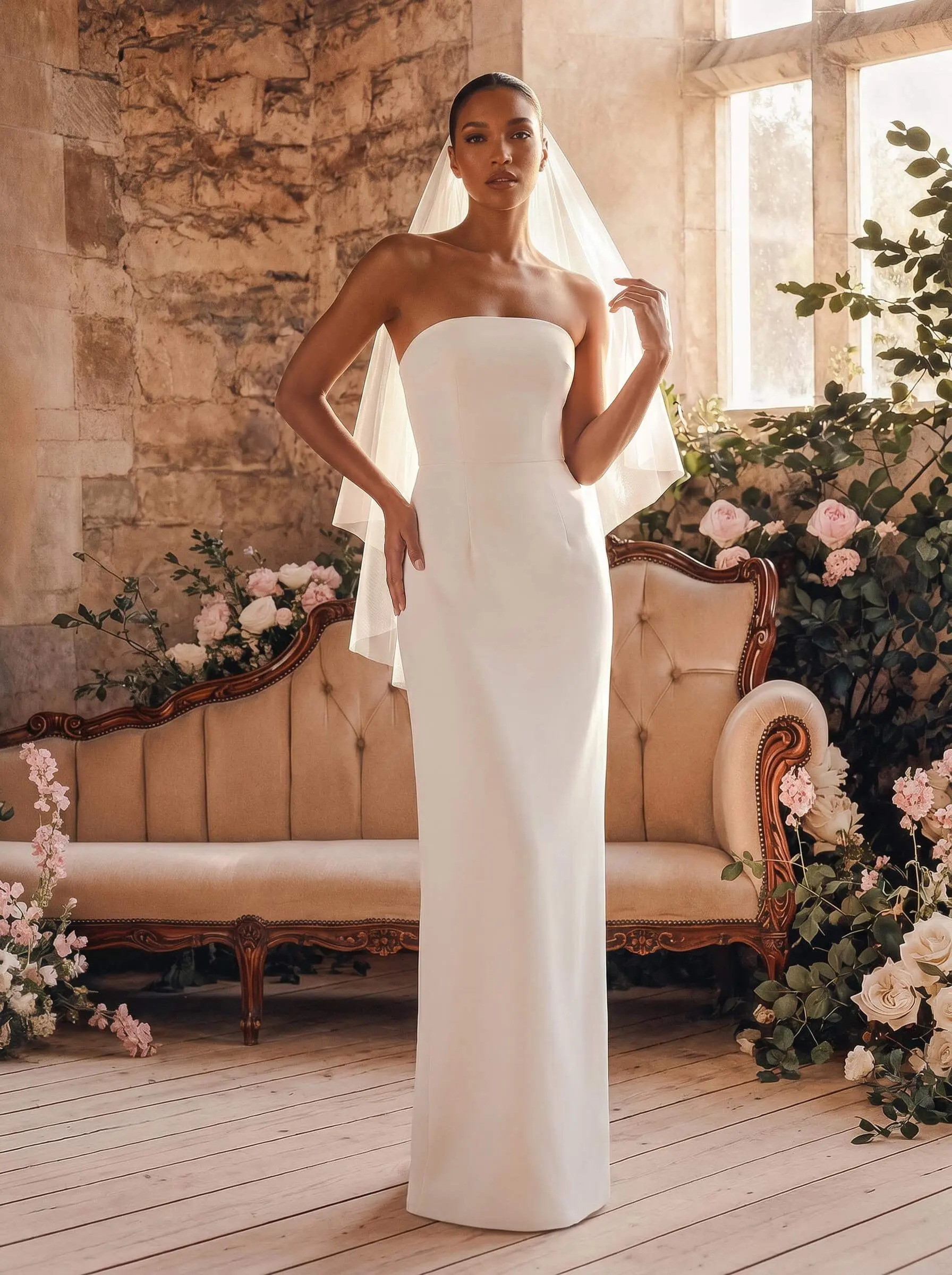 Sheath/Column Strapless Sleeveless Floor-Length Elastic Satin Wedding Dresses