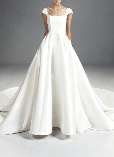 Ball-Gown Square Neckline Short Sleeves Royal Wedding Dresses With Beading