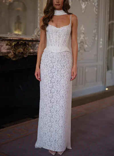 Sheath/Column Sweetheart Sleeveless Floor-Length Lace/Elastic Satin Bride Wedding Dress With Appliques Lace