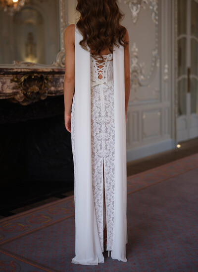 Sheath/Column Sweetheart Sleeveless Floor-Length Lace/Elastic Satin Bride Wedding Dress With Appliques Lace