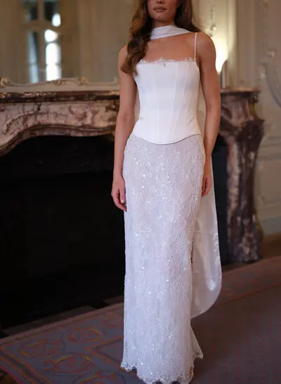 Sheath/Column Sweetheart Sleeveless Floor-Length Lace/Elastic Satin Bride Wedding Dress With Appliques Lace