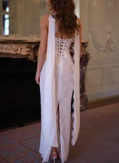 Sheath/Column Sweetheart Sleeveless Floor-Length Lace/Matte Satin Wedding Dress With Appliques Lace