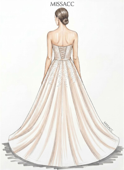 A-Line Sweetheart Sleeveless Sweep Train Lace/Satin Bride Wedding Dress With Appliques Lace