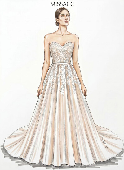 A-Line Sweetheart Sleeveless Sweep Train Lace/Satin Bride Wedding Dress With Appliques Lace