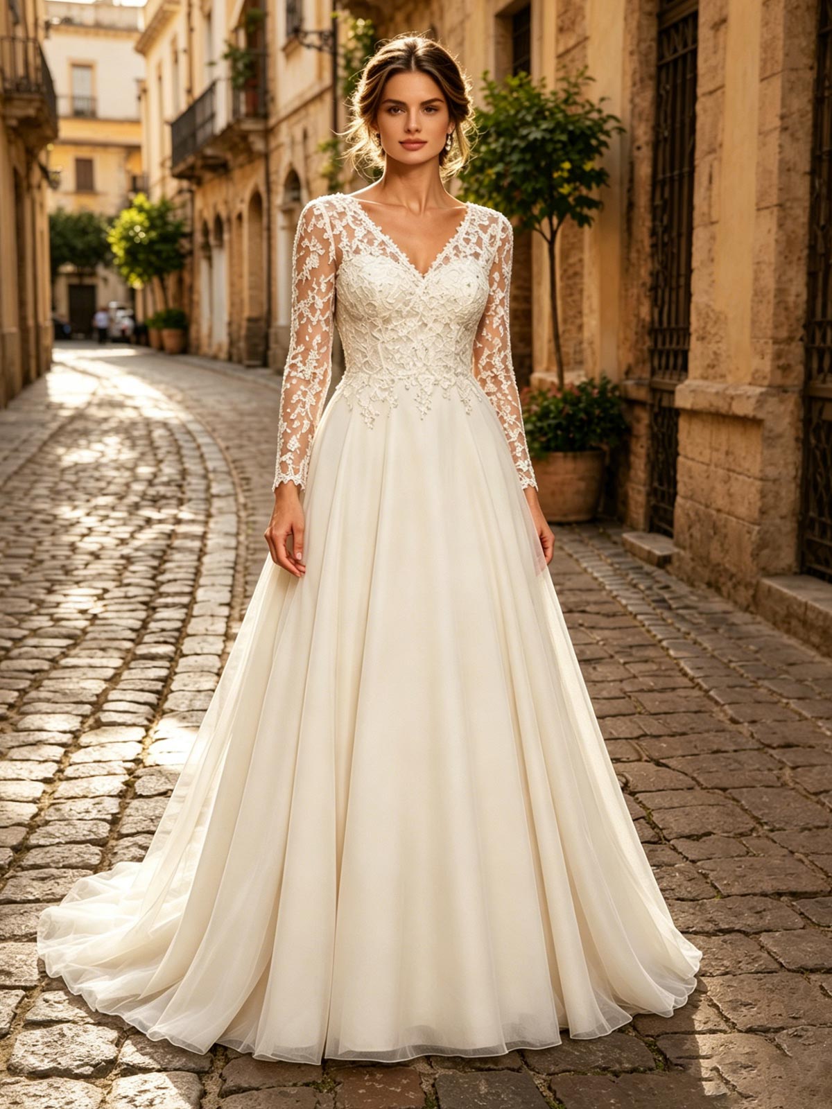 A-Line V-Neck Long Sleeves Floor-Length Chiffon/Tulle Bride Wedding Dress With Pleated/Appliques Lace