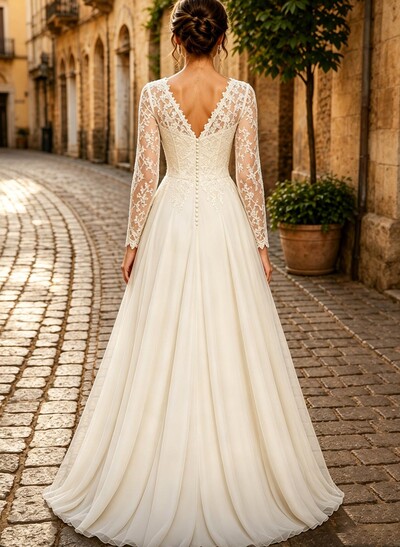 A-Line V-Neck Long Sleeves Floor-Length Chiffon/Tulle Bride Wedding Dress With Pleated/Appliques Lace
