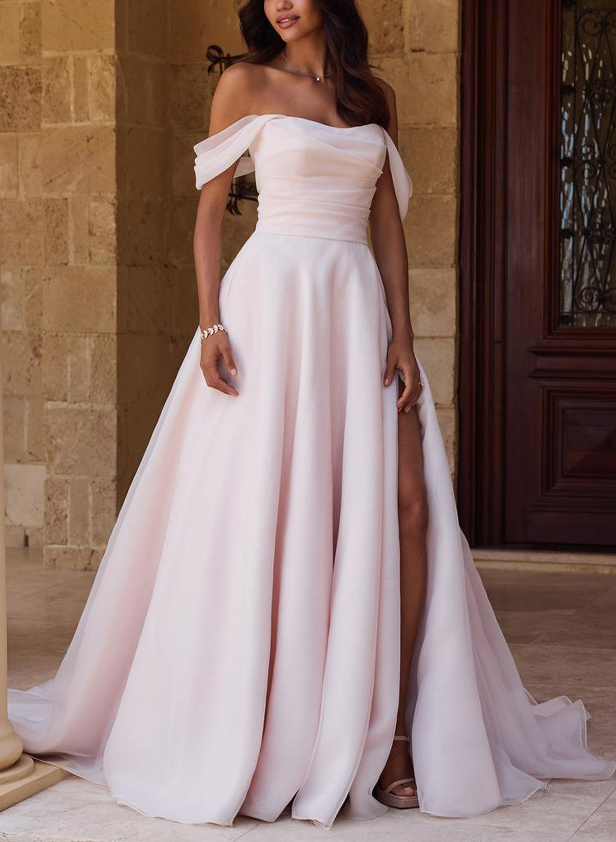 A-Line Off-The-Shoulder Sleeveless Chapel Train Matte Satin Bride Wedding Dress