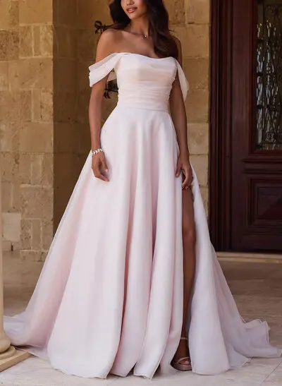 A-Line Off-The-Shoulder Sleeveless Chapel Train Matte Satin Bride Wedding Dress