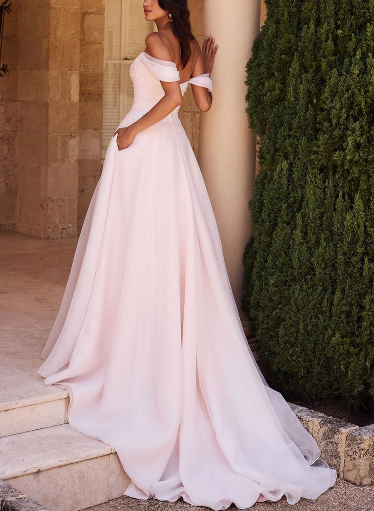 A-Line Off-The-Shoulder Sleeveless Chapel Train Matte Satin Bride Wedding Dress