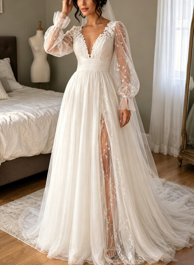 A-Line V-Neck Long Sleeves Sweep Train Chiffon/Tulle Bride Wedding Dress With Pleated/Appliques Lace
